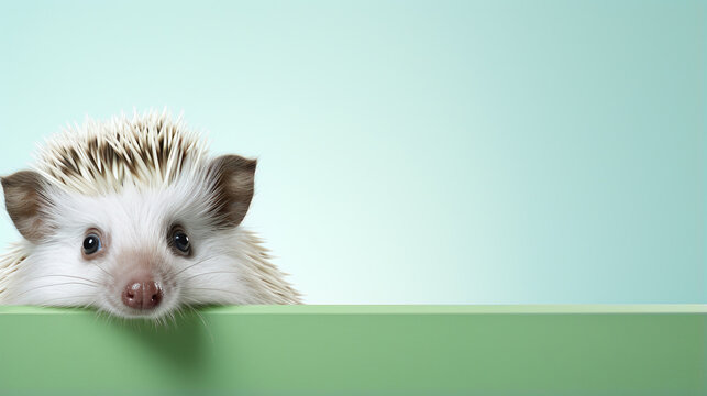 text space for advertising with funny part as portrait of a hedgehog peeking over a colored panal