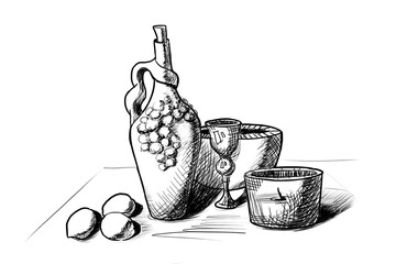 still life with jugs, black and white sketch