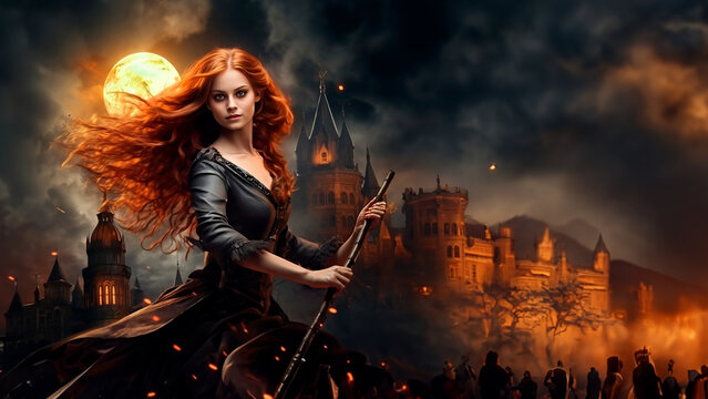 beautiful red-haired witch with a broom on Halloween night against the background of the night sky, a huge moon and the old city. Mystical terrible atmosphere.
