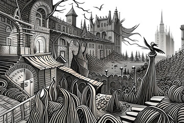  Illustration of a gothic horror castle that looks like something out of a picture book.