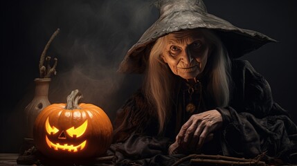 old witch with halloween pumpkin.