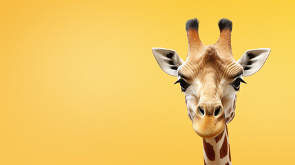 Fototapeta premium text space for advertising with funny part as portrait of a giraffe peeking over a colored panal