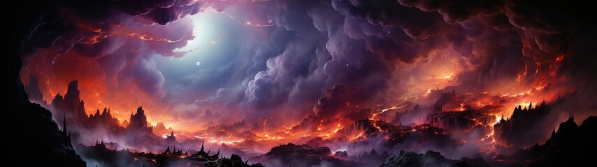 A gloomy fantasy landscape with fiery rivers of magma and black clouds of smoke. High quality illustration