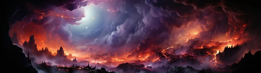 Abwaschbare Fototapete Aubergine A gloomy fantasy landscape with fiery rivers of magma and black clouds of smoke. High quality illustration