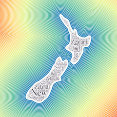 New Zealand shape formed by country name in multiple languages. New Zealand border on stylish striped gradient background. Vibrant poster. Cool vector illustration.