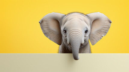 text space for advertising with funny part as portrait of a cute little elephant peeking over a colored panal