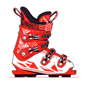 Ski boots vector icon in minimalistic, black and red line work, japan web