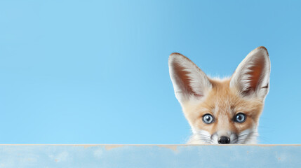 text space for advertising with funny part as portrait of a cute desert fox peeking over a colored panal