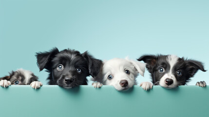 text space for advertising with funny part as portrait of puppies peeking over a colored panal