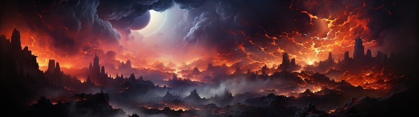 A gloomy fantasy landscape with fiery rivers of magma and black clouds of smoke. High quality illustration - obrazy, fototapety, plakaty