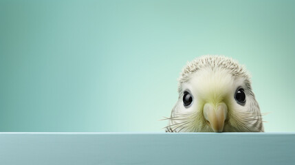 text space for advertising with funny part as portrait of a budgie peeking over a colored panal