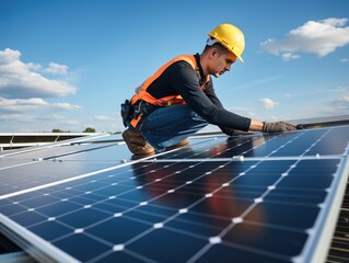 A worker on the roof kneels next to solar panels. for a sustainable life. solar energy. green technologies.