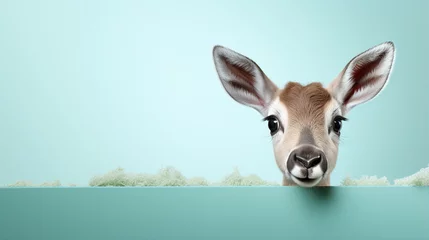 Stoff pro Meter text space for advertising with funny part as portrait of a cute bambi peeking over a colored panal © bmf-foto.de