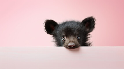 text space for advertising with funny part as portrait of a cute little baby black bear peeking over a colored panal