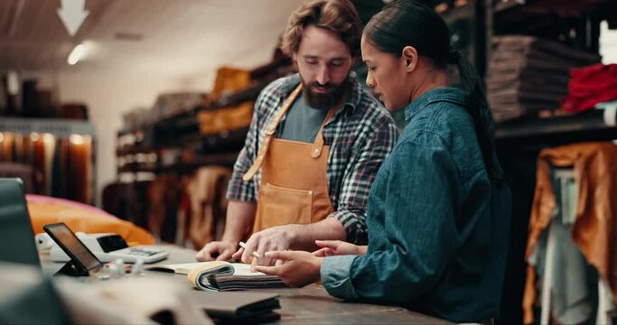 Man, woman and textile with discussion, factory or writing idea with fabric sample for leather manufacturing. Design partnership, notes and book for stock, material or cloth for decision in warehouse