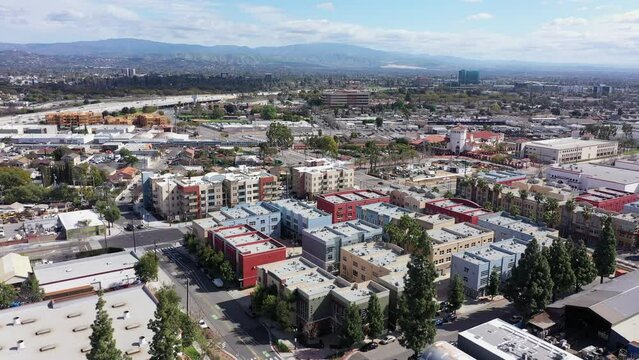 Daytime aerial view of dense housing in downtown Santa Ana, California, USA.