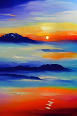 abstract painting of an evening mountain landscape at sunset  - generative ai