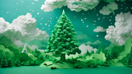 Green tree, clouds, sky paper style