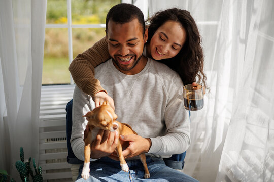 Young diverse couple with morning coffee playing with chihuahua dog at home in morning - Powered by Adobe