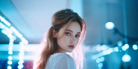 Beautiful girl on a blue background. The girl in blue. Generative AI
