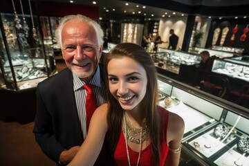 Happy Old wealthy rich man posing with his gorgeous young girlfriend at a jewelry taking a selfie looking at the camera