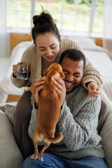 Cheerful multiethnic couple in warm clothes playing with chihuahua dog on armchair at home