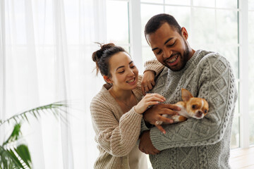 Happy young interracial couple in warm clothes petting chihuahua dog while spending time at home