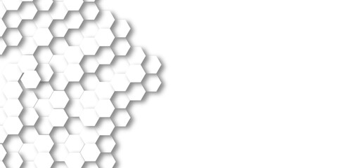 Futuristic honeycomb mosaic white background. Realistic geometric mesh cells texture. Abstract white vector wallpaper with hexagon grid.
