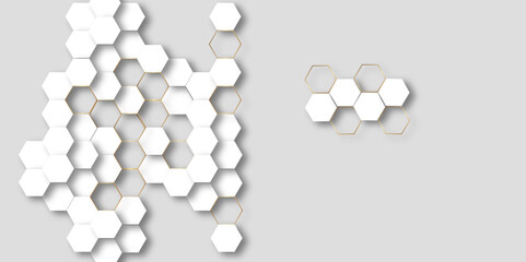 white and gold hexagonal technology vector abstract background. gold bright energy flashes under hexagon in modern technology futuristic background