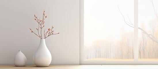 Simplistic white room with wooden floor, vases, decor, window view, and Nordic-style interior. ing.