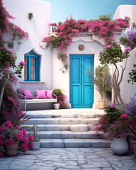 a white house in cyprus, greece with blue doors and purple flower in the style of pop inspo

