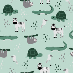 Vector seamless pattern with zebra,sloth,crocodile,bird,turtle.Tropical jungle cartoon creatures.Pastel animals background.Cute natural pattern for fabric, childrens clothing,textiles,wrapping paper.