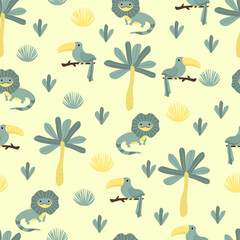 Vector seamless pattern with toucan, sloth.Tropical jungle cartoon creatures.Pastel animals background.Cute natural pattern for fabric, childrens clothing,textiles,wrapping paper.