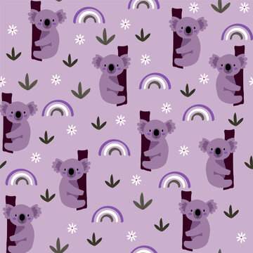 Vector seamless pattern with koala.Tropical jungle cartoon creatures.Pastel animals background.Cute natural pattern for fabric, childrens clothing,textiles,wrapping paper.