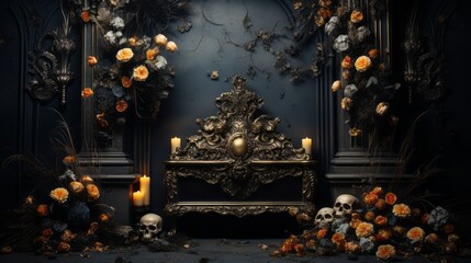 Dark moody baroque background with skulls, flowers, candles and ornaments for Halloween, Day of the dead, Santa Muerte and All Souls' Day