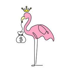 Silhouette of abstract  color flamingo with dollar as line drawing on white