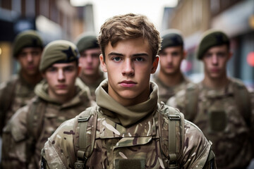 Fototapeta premium Men armed camouflage army group military soldier war person uniform young parade