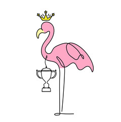 Silhouette of abstract  color flamingo with trophy as line drawing on white