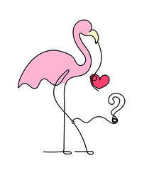 Silhouette of abstract  color flamingo with question mark as line drawing on white