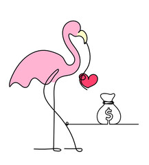 Silhouette of abstract  color flamingo with dollar as line drawing on white