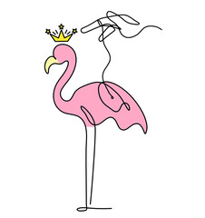 Silhouette of abstract  color flamingo with hand as line drawing on white