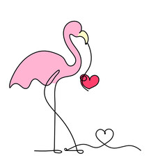 Silhouette of abstract  color flamingo with heart as line drawing on white