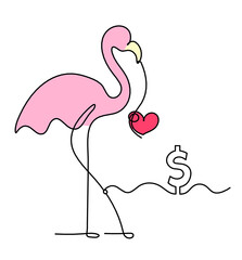 Silhouette of abstract  color flamingo with dollar as line drawing on white