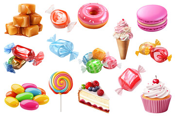 3D Vector of Sweets Isolated on Transparent Background with Clipping Path Cutout: Cupcake, Slice of Cake, Donuts, Hard candy, Macaroon, Ice Cream and Jelly Beans: Concept for Sweet Treats - 645088556
