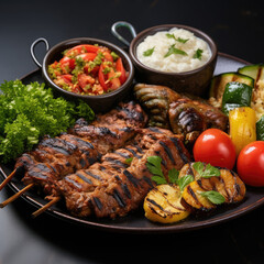 Arabic Turkish mixed grill meal, grilled chicken breast with thigh and breast, grilled kebab, shish tawook