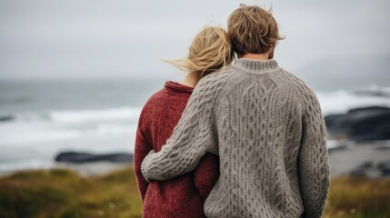 Fototapeta premium A couple in knitted sweaters stands and looks into the distance on the seashore. The warm embrace of two people. The concept of joint recreation. Illustration for cover, card, interior design or print