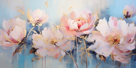 Pink peony flowers on abstract blue background, wall art poster in oil painting style