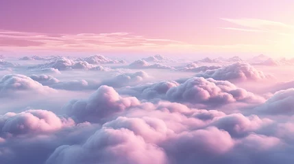 Wandcirkels aluminium Beautiful sunset above the clouds. Aerial view. Nature background of sky. Cloudy landscape from the window of an airplane. Sunrise. Sun goes into the clouds. Illustration for varied design. © Login