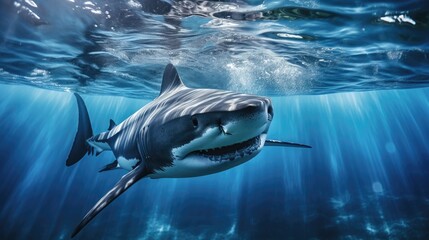 The shark swims in the water column. Big predatory fish swimming in the ocean. Underwater scene...