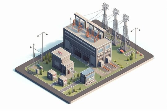 Schematic Electrical Substation With Power Distribution In Isometric View. Generative AI